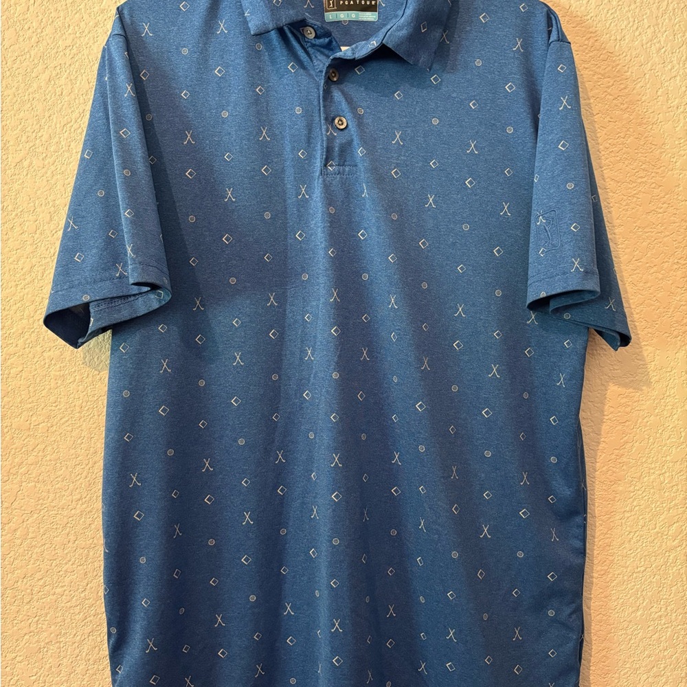 PGA Tour Blue Polo Shirt with Geometric Pattern